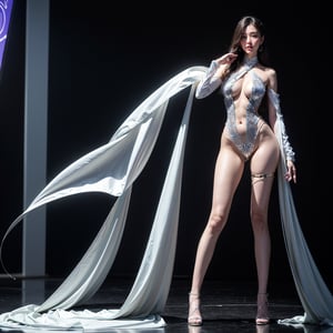 A stunning 18-year-old beauty in a full-body transparent sci-fi costume, with exquisite facial features and detailed hands. Her fiber hair flows effortlessly as she strikes a pose, illuminated by internal LED lighting that accentuates her slender physique (170cm tall, 45kg weight). Her eyes sparkle with an otherworldly glow, showcasing her radiant blue irises. The Pedaipan style framing captures the dynamic energy of this futuristic siren, with a focus on her captivating magnificence.