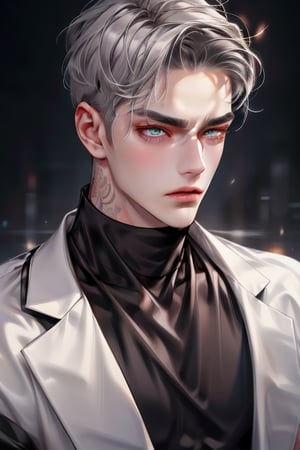1boy,a very handsome, attractive, muscular boy, with taper fade gray hair, amber eyes, wears black turtleneck shirt, mafia, tattoos, serious expression, close up, high-quality, high_resolution
