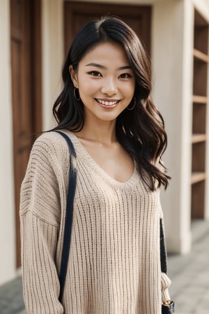 Create an image of a 25-year-old woman of mixed Chinese and French heritage. She has a tall and slender build, with a height of 5'7" (170 cm). Her skin is fair and radiant, complementing her naturally beautiful facial features. She has a warm and inviting smile, with almond-shaped dark brown eyes, framed by long, naturally curled lashes. Her high cheekbones and defined jawline add to her refined appearance. Her rich, dark chestnut brown hair falls in soft waves down to her mid-back. She wears a natural, subtle makeup look that enhances her features. Dress her in casual attire, such as a light sweater and jeans, perfect for a sunny day. The background should be bright and cheerful, reflecting her sunny and vibrant personality