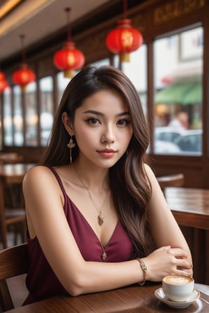 1girl, solo, age 25-30, Chinese French mixed descent,long hair,straight hair, looking at viewer, brown hair, brown eyes, jewelry, sitting, earrings, indoors, necklace, blurry, black eyes, cup, lips, chair, crossed arms, table, teacup, realistic, saucer, coffee, restaurant, cafe