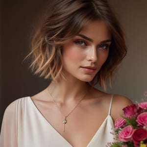 ((Top Quality, ​Masterpiece)), original photography, 8k, top quality, super high resolution, beautiful face, every detail, realistic human skin, gentle expression, front view, color々from one angle, ( Bob hair: 1.5), realistic, realistic, cute little, Chis, bouquet, white dress, a necklace, bangs,
information