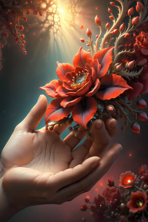 a hand closeup holding red flowers depicting love, warm light shining on hand, 
(masterpiece), (top quality), (best quality), (official art), (beautiful and aesthetic:1.2), (stylish pose), (fractal art:1.3), (pastel theme: 1.2), perfect,more detail XL, no monsters, no animals, no humans