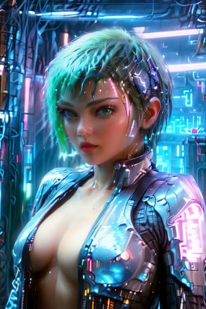 (4k, 8k, high resolution, best quality, masterpiece: 1.3), ultra detailed, (realistic, photorealistic, photorealistic: 1.5), HDR, UHD, studio lighting, ultra-fine painting, sharp focus, physically based rendering, detailed description Extreme, Professional, Vivid Colors, Baked, Sci-Fi, Short Messy Green Hair - 1.1, Cinematic Background, Dynamic View, A beautiful ninja woman, green eyes, short green hair, wears a punk jacket, sword with both hands ready, ninja The image is a digital painting full of intricate details, right down to the sexy woman's flawless features. capturing a perfect combination of beauty and innovation in this compelling cyberpunk portrait.