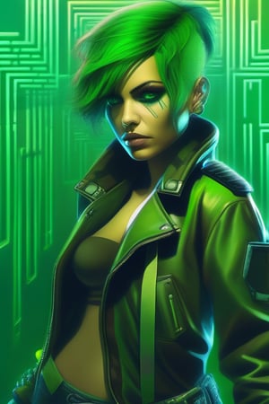 Woman sexy, hair short Green, eyes Green, jacket cyberpunk, running in a maze, style mad Max 