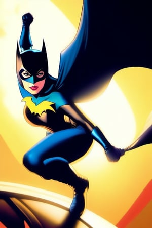 Batgirl stands confidently, mask gleaming in the night's darkness, as the radiant Bat Signal shines brightly behind her. Her tight-fitting dark blue costume hugs her curves, showcasing her perfect large breasts. The iconic bat logo on her chest proudly displays her heroic persona. With a determined grip, she holds a Bat Boomerang in her right hand, ready to take on any challenge that comes her way.