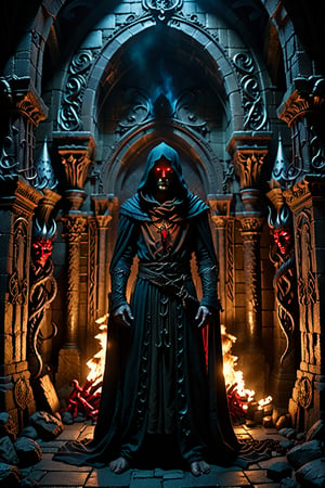 Dark fantasy cinematic film still. A dark hooded figure stands in a throne room. Low-angle medium shot. Ominous gothic architecture inspired Greg Rutkowski surrealism. Shadows cast on stone walls like dark tentacles. Flickering torches light the dark lord's imposing silhouette. Two large red eyes like burning coals glow brightly in his hood. Dark, muted colors with hints of eerie blue glow. cinematic lighting, high contrast, dramatic shadows, intense atmosphere, foreboding mood, dark fantasy, ominous ambient lighting, Gustave Doré inspiration, hauntingly beautiful, breathtakingly cinematic.