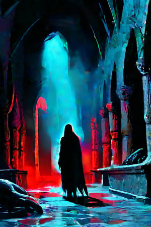 Dark fantasy cinematic film still. A dark hooded figure stands in a throne room. Low-angle medium shot. Ominous gothic architecture inspired Greg Rutkowski surrealism. Shadows cast on stone walls like dark tentacles. Flickering torches light the dark lord's imposing silhouette. Two red eyes like burning coals glow brightly in his hood. Dark, muted colors with hints of eerie blue glow. cinematic lighting, high contrast, dramatic shadows, intense atmosphere, foreboding mood, dark fantasy, ominous ambient lighting, Gustave Doré inspiration, hauntingly beautiful, breathtakingly cinematic.