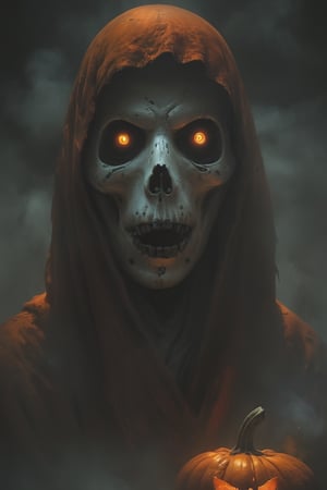 A Pocong with a pumpkin face and orange robe.  : A hauntingly vivid image depicts a grotesque pumpkin faced pocong , its orange death shroud is tattered, and its hollow carved eyes are burning red and seem to bore into the soul, illuminated only by the faint light of a distant lantern, he sharp lines and photorealistic details of MSchiffer's illustration evoke a sense of unease, as if the Pocong might spring forth at any moment, its presence both mesmerizing and terrifying.