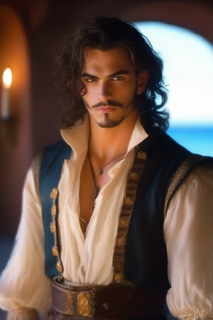 a young handsome evil sleazy hairy pirate, outdoors (dark age, ocean, ship setting), english pirate, sea captain, dark shabby red style coat, Captain hook, gypsy, spanish, conquistador, shirt open, revealing, chest hair, royalty, dirty, evil, victorean era, ethereal, manly, hairy, chest hair, youthful, stubble, 18 years old, envious, shiny, villain, pale skin, defined jawline, crooked nose, hot, captain, lustful, masculine, mythology, medieval, fantasy, young, alpha male, handsome male, high fantasy, art by wlop, facing in front ,portrait close-up, renaissance painting, masterpiece, max bogoss

8k, cinematic lighting, very dramatic, very artistic, soft aesthetic, innocent, art by john singer sargent, greg rutkowski, oil painting, Camera settings to capture such a vibrant and detailed image would likely include: Canon EOS 5D Mark IV, Lens: 85mm f/1.8, f/4.0, ISO 100, 1/500 sec,pir4t4,cinematic style