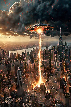 Ultra-realistic photo of apocalyptic chaos unfolds in the heart of Manhattan as multiple extraterrestrial vessels descend upon the cityscape. A fleet of glowing saucers and sleek spacecraft streak across the sky, unleashing a barrage of laser blasts and energy projectiles that rip through concrete skyscrapers. Flames engulf the city's iconic landmarks as smoke billows into the atmosphere, casting a dark shadow over the devastation below.