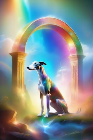 Softly lit, misty meadow scene: A serene greyhound dog, now an ethereal being, floats above a gentle rainbow-colored archway, symbolizing its journey across the Rainbow Bridge. The dog's majestic form glows with a soft, otherworldly light, its fur shimmering like silk in the subtle illumination. Its eyes radiate a deep longing as it patiently awaits reunion with its beloved owner.