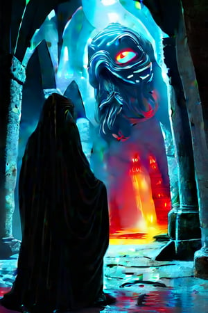 Dark fantasy cinematic film still. A dark hooded figure stands in a throne room. Low-angle medium shot. Ominous gothic architecture inspired Greg Rutkowski surrealism. Shadows cast on stone walls like dark tentacles. Flickering torches light the dark lord's imposing silhouette. Two red eyes like burning coals glow brightly in his hood. Dark, muted colors with hints of eerie blue glow. cinematic lighting, high contrast, dramatic shadows, intense atmosphere, foreboding mood, dark fantasy, ominous ambient lighting, Gustave Doré inspiration, hauntingly beautiful, breathtakingly cinematic.