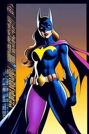 Batgirl stands confidently, mask gleaming in the night's darkness, as the radiant Bat Signal shines brightly behind her. Her tight-fitting dark blue costume hugs her curves, showcasing her perfect large breasts. The iconic bat logo on her chest proudly displays her heroic persona. With a determined grip, she holds a Bat Boomerang in her right hand, ready to take on any challenge that comes her way.