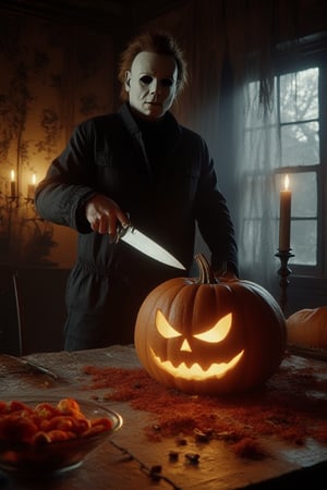 This is an ultra-real, extreme close-up image of Michael Myers from the movie Halloween, holding a large knife, carving a large pumpkin at the dining room table.  ((Perfect hands)) Also on the table is a large bowl of Halloween candy that will be passed out to trick-or-treaters.