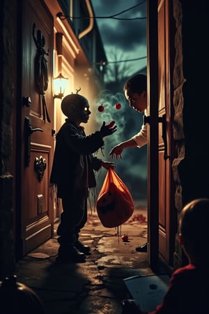 A boy zombie wearing a human child mask** standing in front of an open door on Halloween night** holding out a bag for trick-or-treating.**  Woman of household acts terrified.  She is passing out small brain treats.