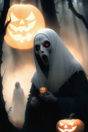 A a hauntingly vivid image depicts a grotesque Pocong with a Jack-o-Lantern face. Its death shroud is orange and tattered as it stalks its victim. Carved eye sockets glaw red and seem to bore into the soul, illuminated only by the faint light of the moon, which casts long shadows across the dark, damp forest floor. The sharp lines and photorealistic details of MSchiffer's illustration evoke a sense of unease. The Pocong's presence is both mesmerizing and terrifying.