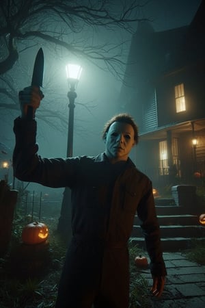 This is an ultra-real, extreme close-up image of Michael Myers from the movie Halloween, standing under a street lamp and holding up a knife over his head in a threatening manner  on a gloomy, foggy Halloween night. In the background, Trick-or-Treaters (kids) are knocking on the door of the house. 