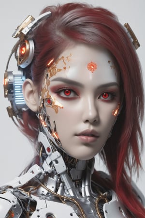 a stunning visual of a stunning female cyborg face,  cyborg, fiery red eyes Decora_SWstyle