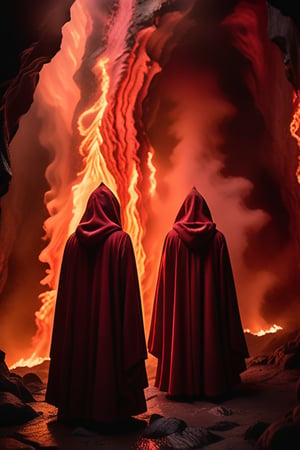 In a darkly framed shot, two robed and hooded demons stand eerily still amidst the sulfurous pit of hell's fiery depths. The camera captures their ethereal forms glowing red in the dimly lit atmosphere, casting an otherworldly aura upon their demonic visages.