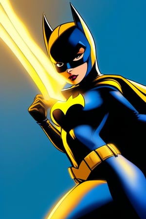 Batgirl stands confidently, mask gleaming in the night's darkness, as the radiant Bat Signal shines brightly behind her. Her tight-fitting dark blue costume hugs her curves, showcasing her perfect large breasts. The iconic bat logo on her chest proudly displays her heroic persona. With a determined grip, she holds a Bat Boomerang in her right hand, ready to take on any challenge that comes her way.