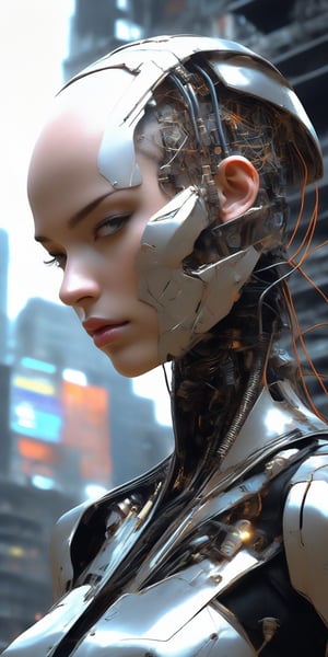 A cybernetic rebel stands defiantly amidst the ruins of a post-apocalyptic metropolis, her bald cranium a canvas for intricate mechanical components and wires that seem to pulse with an otherworldly energy. A metallic mask conceals her mouth, its angular lines echoing the sharpness of her gaze, which pierces through the soft haze of the cityscape's distant background.