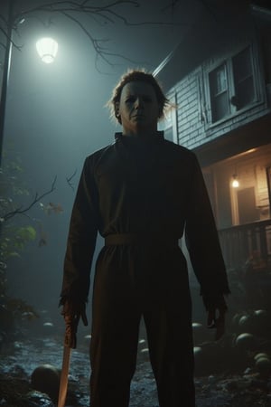 This is an ultra-real close-up image of Michael Myers from the movie Halloween, standing under a street lamp and holding a big knife on a gloomy, foggy night.