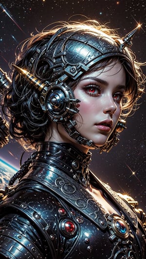 80s,science fiction,bookcover ilustration, beautyful Girl,space, methurlant,masterpiece, metalic skin, shining red eyes