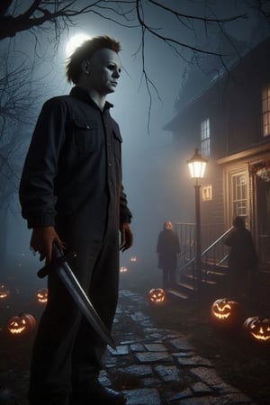 This is an ultra-real extreme close-up image of Michael Myers from the movie Halloween, standing under a street lamp and holding a knife on a gloomy, foggy Halloween night.  Trick or Treaters (kids) are knocking on the door of the house in the background. 