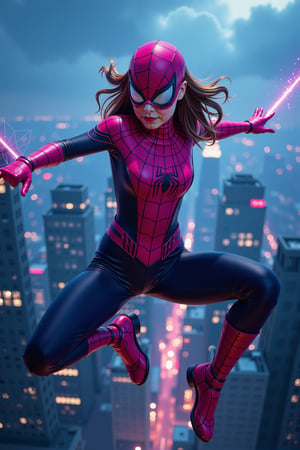 Spiderwoman  girl in a sleek, pink spiderman  outfit, confidently swinging around the skyscrapers of the city.  dynamic action.  Shooting web out of her wrist.  energy, vibrant blue and purple hues, cityscape visible below with skyscrapers and lights, dramatic lighting emphasizing her heroic pose, background filled with streaks of light and clouds, powerful and awe-inspiring scene.