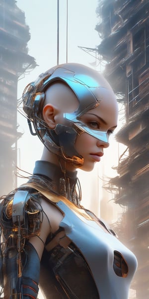 A cybernetic rebel stands defiantly amidst the ruins of a post-apocalyptic metropolis, her bald cranium a canvas for intricate mechanical components and wires that seem to pulse with an otherworldly energy. A metallic mask conceals her mouth, its angular lines echoing the sharpness of her gaze, which pierces through the soft haze of the cityscape's distant background.