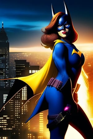 Batgirl stands confidently, mask gleaming in the night's darkness, as the radiant Bat Signal shines brightly behind her. Her tight-fitting dark blue costume hugs her curves, showcasing her perfect large breasts. The iconic bat logo on her chest proudly displays her heroic persona. With a determined grip, she holds a Bat Boomerang in her right hand, ready to take on any challenge that comes her way.