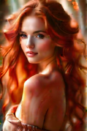 A stunning portrait of a beautiful woman with long, vibrant red locks cascading down her back and shoulders, framing her angelic face with a subtle gradient of warm light. Her delicate features are set against a soft focus background, with gentle highlights accentuating the subtle curves of her neck and shoulders.