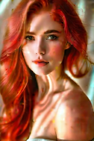 A stunning portrait of a beautiful woman with long, vibrant red locks cascading down her back and shoulders, framing her angelic face with a subtle gradient of warm light. Her delicate features are set against a soft focus background, with gentle highlights accentuating the subtle curves of her neck and shoulders.