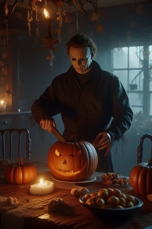 This is an ultra-real, extreme close-up image of Michael Myers from the movie Halloween, holding a large knife, carving a large pumpkin at the dining room table.  ((Perfect hands))  Also on the table is a large bowl of Halloween candy that will be passed out to trick-or-treaters.