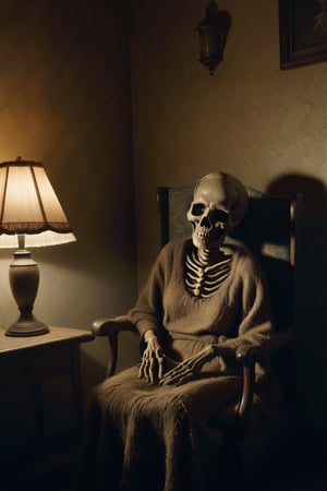 A dimly lit, eerily quiet motel room. Norman Bates' mother, her face frozen in a grotesque grin, sits lifeless in a worn armchair, her once-beautiful features now withered and mummified by time. into a ghastly, skull-like face. The harsh fluorescent lighting above casts an unsettling glow on the scene, while the shadows dancing across the walls seem to whisper secrets of their own.