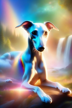 Softly lit, misty meadow scene: A serene greyhound dog, now an ethereal being, floats above a gentle rainbow-colored archway, symbolizing its journey across the Rainbow Bridge. The dog's majestic form glows with a soft, otherworldly light, its fur shimmering like silk in the subtle illumination. Its eyes radiate a deep longing as it patiently awaits reunion with its beloved owner.