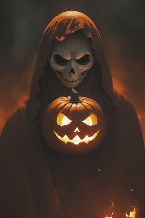 A Pocong with a pumpkin face and orange robe.  : A hauntingly vivid image depicts a grotesque pumpkin faced pocong , its orange death shroud is tattered, and its hollow carved eyes are burning red and seem to bore into the soul, illuminated only by the faint light of a distant lantern, he sharp lines and photorealistic details of MSchiffer's illustration evoke a sense of unease, as if the Pocong might spring forth at any moment, its presence both mesmerizing and terrifying.