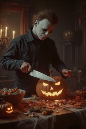 This is an ultra-real, extreme close-up image of Michael Myers from the movie Halloween, holding a large knife, carving a large pumpkin at the dining room table.   Also on the table is a large bowl of Halloween candy that will be passed out to trick-or-treaters.