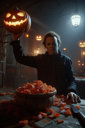 This is an ultra-real, extreme close-up image of Michael Myers from the movie Halloween holding up a carved Jack-O-Lantern to show it off.  ((PERFECT HANDS)) His knife lies on the table, and also on the table is a large bowl of Halloween candy that will be passed out to trick-or-treaters.