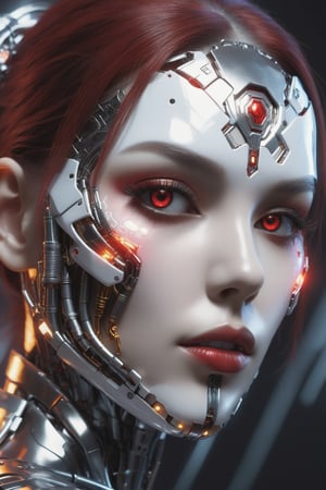 a stunning visual of a stunning female cyborg face,  cyborg, fiery red eyes, shiny metalic skin Decora_SWstyle