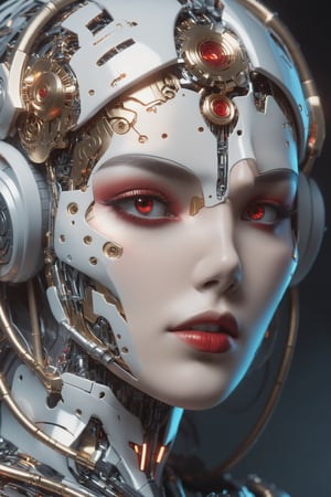 A close-up shot of a captivating female cyborg's face, with intricate mechanical details and metallic hues. Her fiery red eyes gleam like embers as she gazes directly into the camera lens. Inspired by Decora SW style, her visage exudes an air of futuristic elegance, with sleek lines and curves that seem to defy gravity.