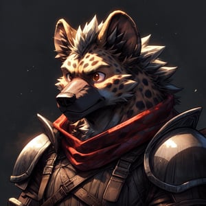 Video game style, Masterpiece, detailed, portrait, headshot, anthromorphic, male, furry, hyena, brown eyes, large, burly, rpg armor, warrior, simplistic background,