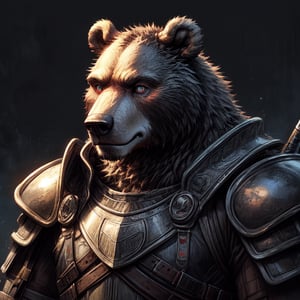 Realistic, Masterpiece, detailed, portrait, headshot, anthromorphic, male, furry, brown bear, large, burly, rpg, fantasy, armor, warrior, simplistic background,