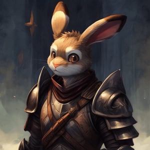 Video game style, Masterpiece, detailed, portrait, headshot, anthromorphic, male, furry, brown rabbit, tall ears, brown eyes, rpg, fantasy, armor, archer, bow on back, simplistic background,