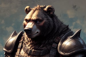 Realistic, Masterpiece, detailed, portrait, headshot, anthromorphic, male, furry, brown bear, large, burly, rpg armor, warrior, simplistic background,