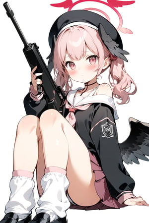 loli1girl, solo, looking at viewer, blush, skirt, simple background, hat, white background, twintails, sitting, closed mouth, school uniform, weapon, pink hair, wings, shoes, socks, pink eyes, sailor collar, off shoulder, bag, black footwear, gun, black headwear, beret, halo, head wings, feathered wings, rifle, black wings, white sailor collar, low wings, loose socks, koharu \(blue archive\)
