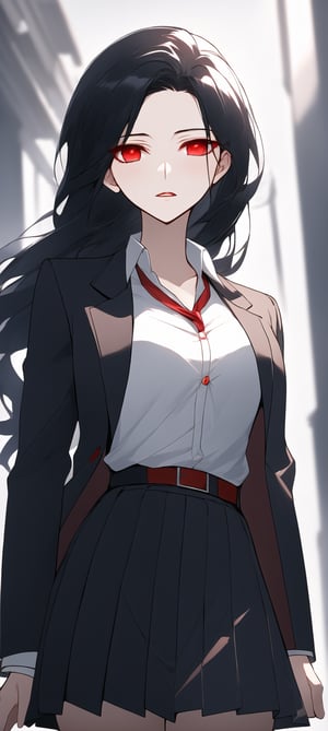 A young woman with long black hair and striking red eyes is wearing a traditional school uniform. She stands confidently, looking directly at the camera with a haughty expression. The consists of a white blouse, a dark-colored pleated skirt, and a matching blazer. The background is a simple school setting with blurred elements to focus on her intense gaze and proud demeanor. Her posture and facial expression exude arrogance and self-assurance.