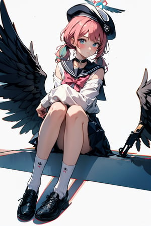 1girl, solo, looking at viewer, blush, skirt, simple background, hat, white background, twintails, sitting, closed mouth, school uniform, weapon, pink hair, wings, shoes, socks, pink eyes, sailor collar, off shoulder, bag, black footwear, gun, black headwear, beret, halo, head wings, feathered wings, rifle, black wings, white sailor collar, low wings, loose socks, koharu \(blue archive\)