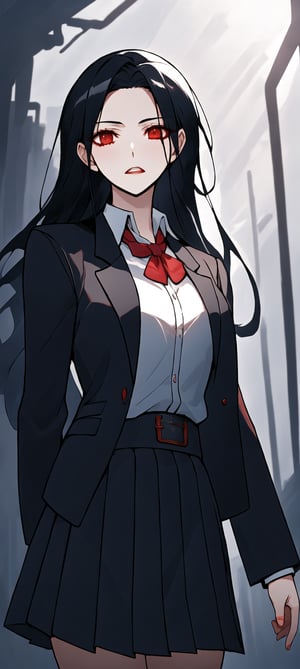 A young woman with long black hair and striking red eyes is wearing a traditional school uniform. She stands confidently, looking directly at the camera with a haughty expression. The consists of a white blouse, a dark-colored pleated skirt, and a matching blazer. The background is a simple school setting with blurred elements to focus on her intense gaze and proud demeanor. Her posture and facial expression exude arrogance and self-assurance.