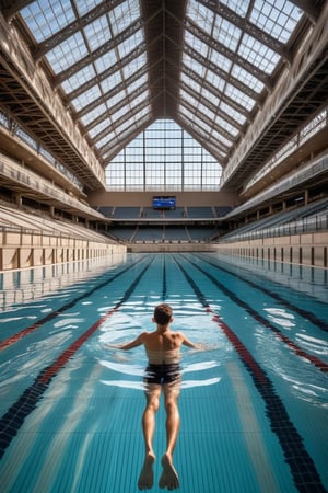 A young boy's focused expression and powerful strokes fill the frame as he swims laps in a pristine indoor pool, situated within a massive stadium. The bleachers stretch up to the towering rafters, casting long shadows across the water. In the distant background, the iconic Eiffel Tower rises majestically, its iron latticework glistening in the soft light.